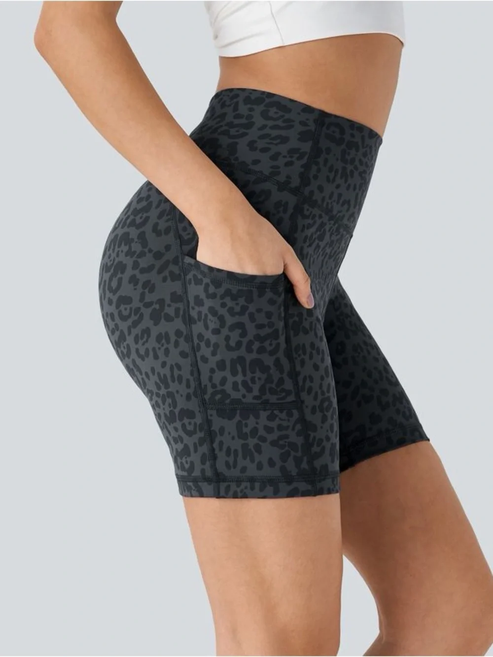 HALARA S NWT Dark Gray Blue Leopard Print High-Waist Pocket Biker Shorts